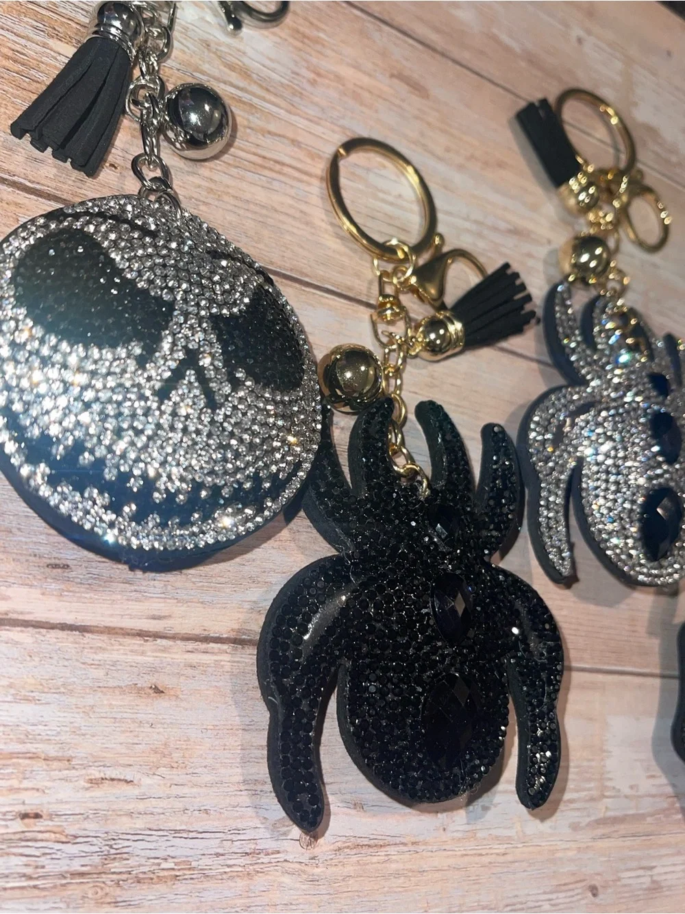 Rhinestone puffed Skull & Spiders Keychain Bag Charm with Tassel